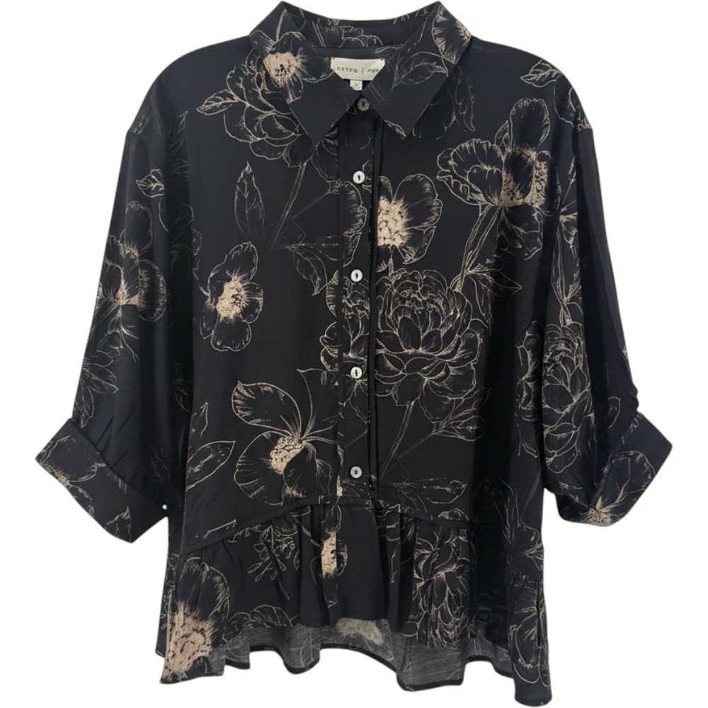 Entro Black Floral Peplum Button Down Blouse Large NWT T28875 3/4 Sleeve Top